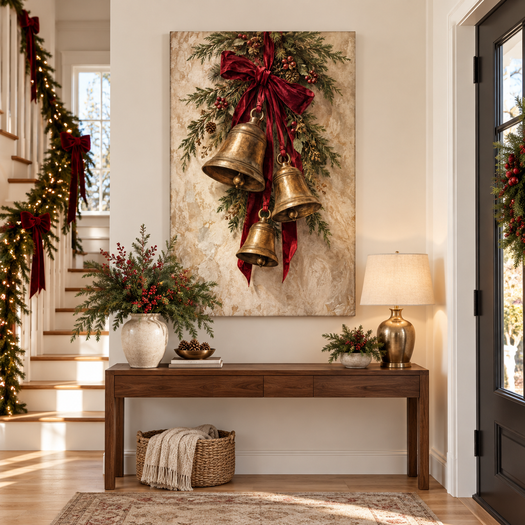 Antique Brass Christmas Bells & Evergreen Swag Canvas Wall Art