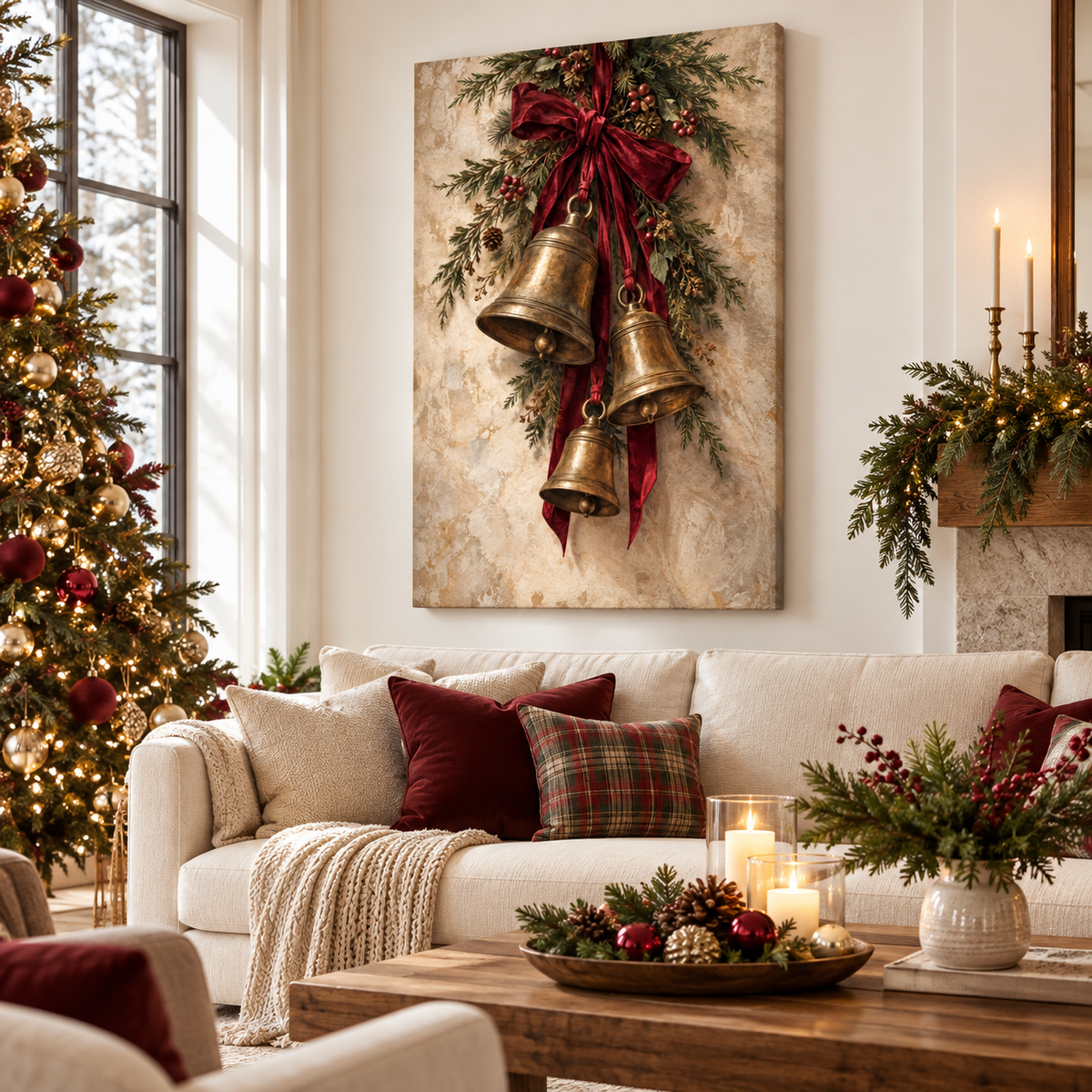 Antique Brass Christmas Bells & Evergreen Swag Canvas Wall Art