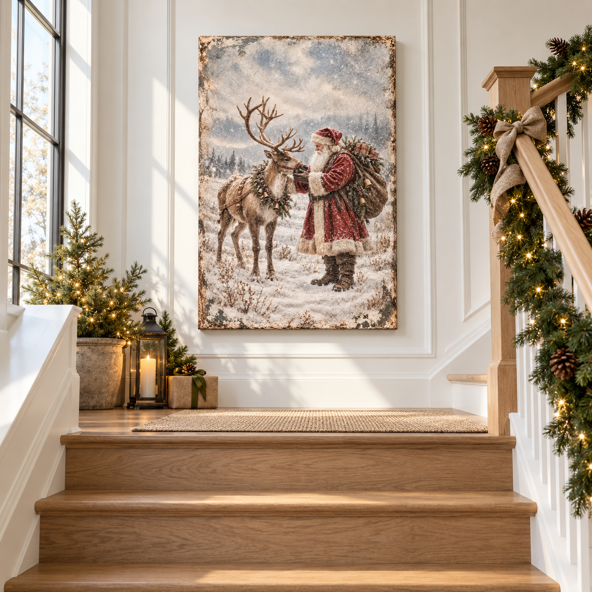 Vintage Santa & Reindeer in the Snow – Christmas Canvas Wall Art