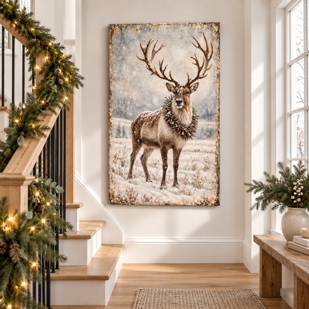 Vintage Reindeer Christmas Canvas Wall Art | Rustic Winter Décor