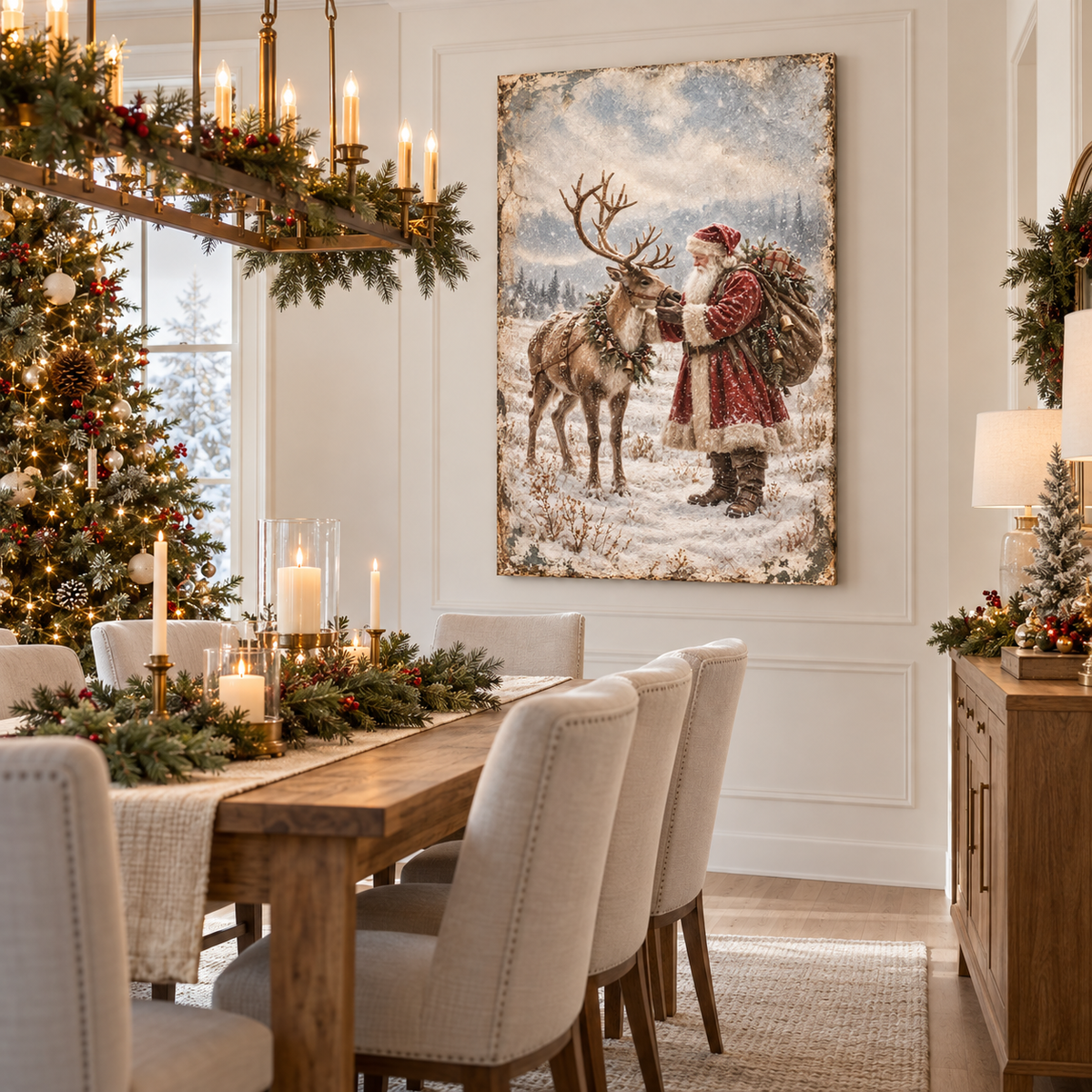 Vintage Santa & Reindeer in the Snow – Christmas Canvas Wall Art