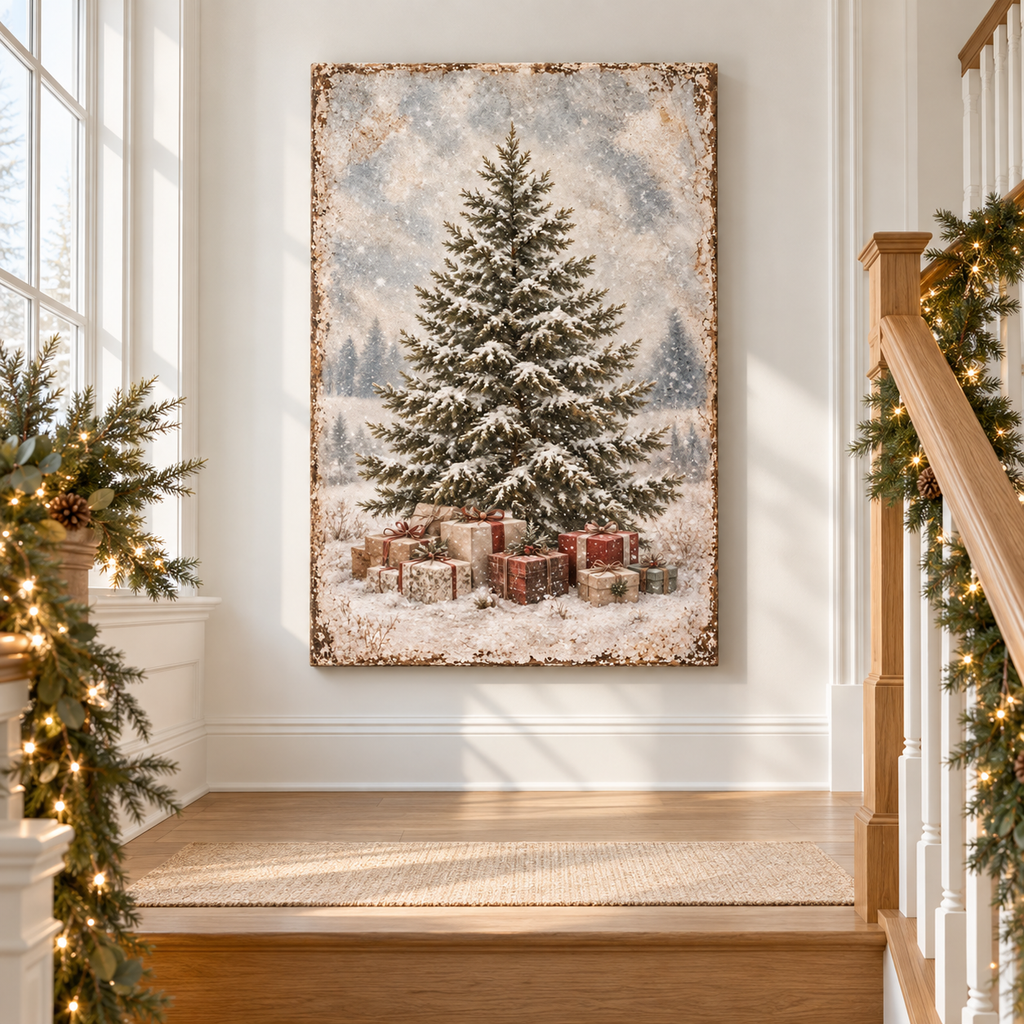 Vintage Snowy Christmas Tree & Gifts Canvas Wall Art