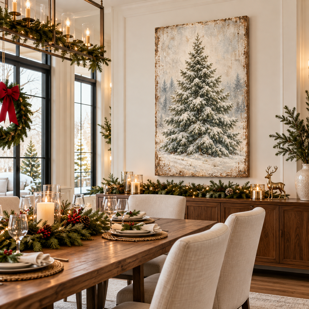 Vintage Snowy Evergreen Canvas Wall Art | Winter Pine Tree Landscape