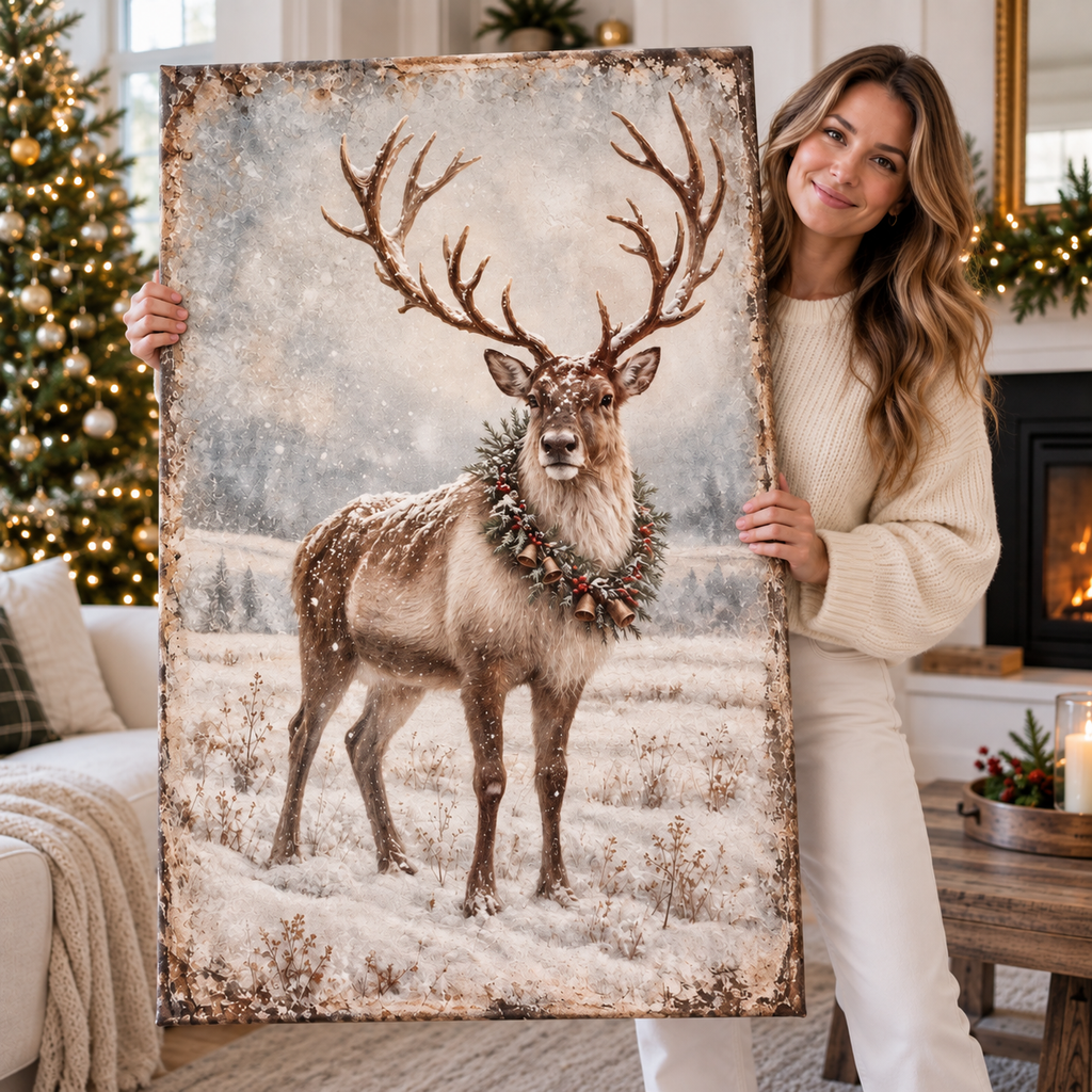 Vintage Reindeer Christmas Canvas Wall Art | Rustic Winter Décor