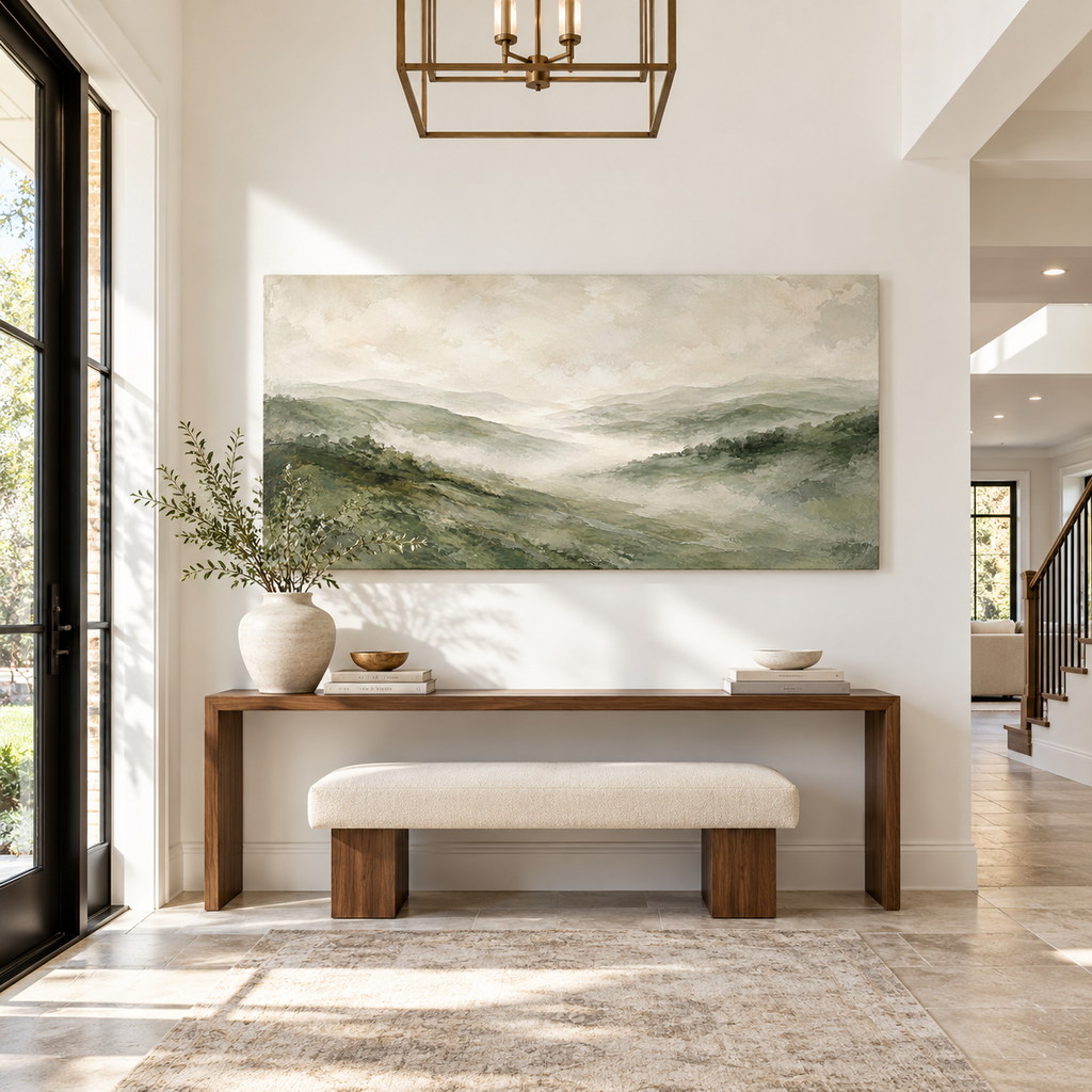 Misty Green Mountains Canvas Wall Art – Serene Sage Landscape