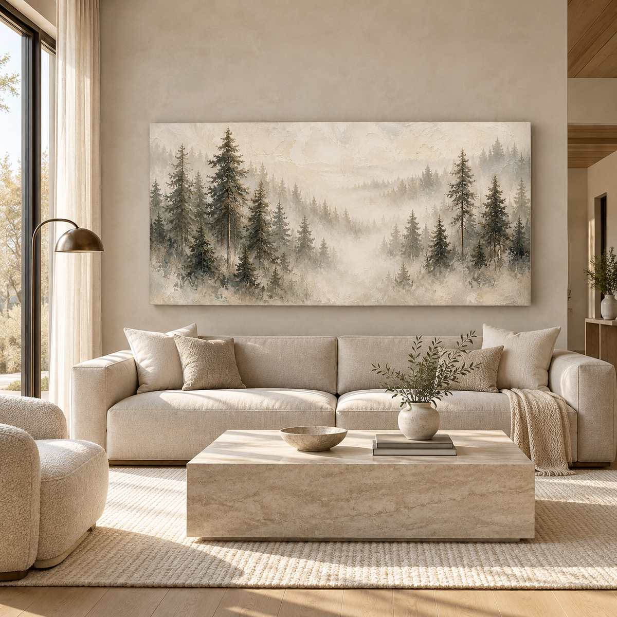 Misty Pine Forest Canvas Wall Art – Neutral Woodland Landscape