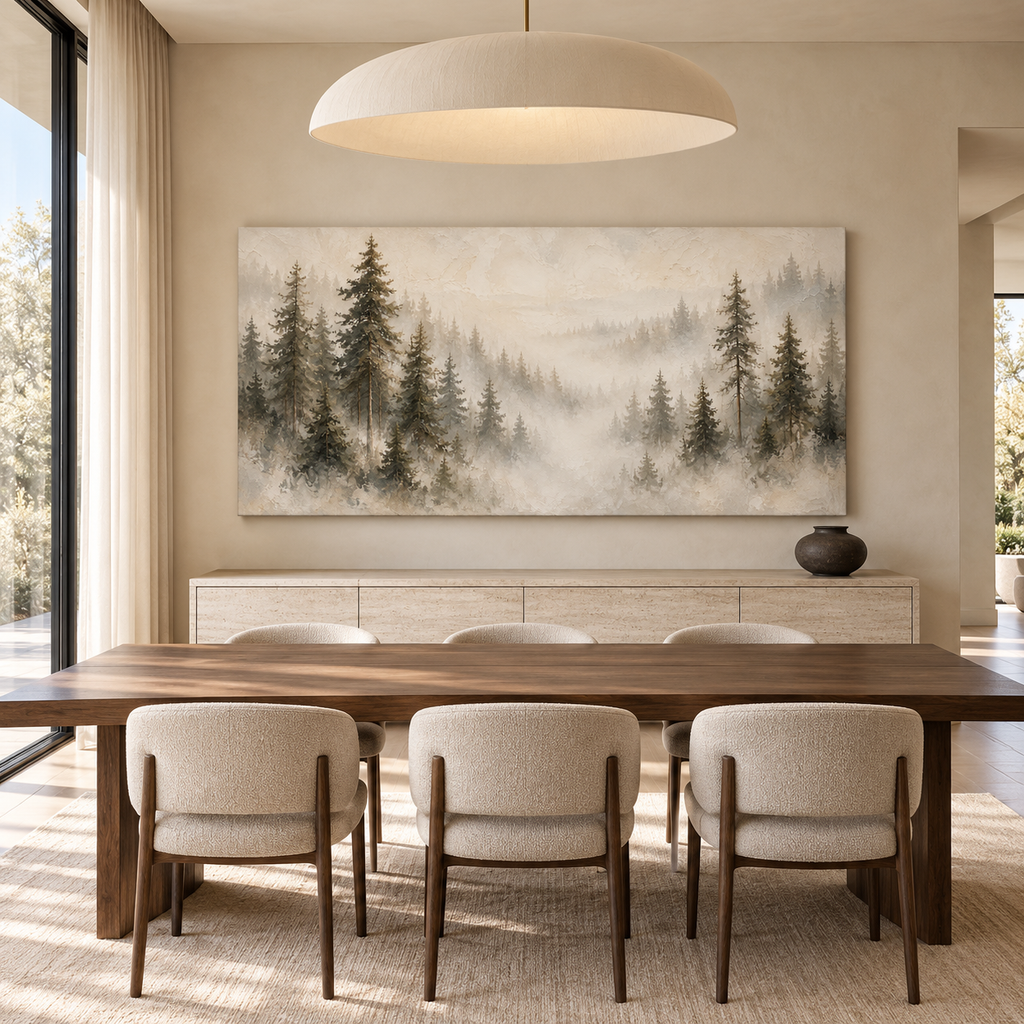 Misty Pine Forest Canvas Wall Art – Neutral Woodland Landscape