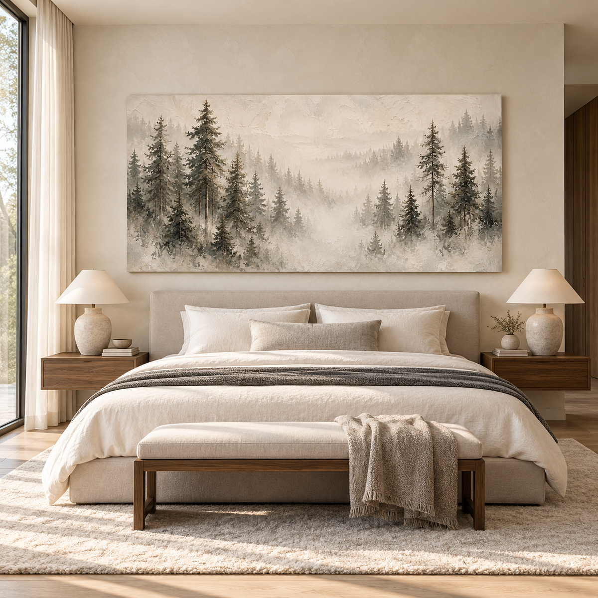 Misty Pine Forest Canvas Wall Art – Neutral Woodland Landscape