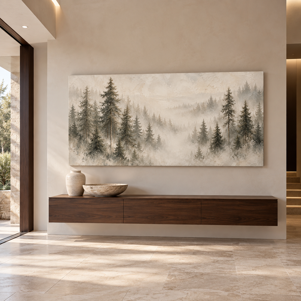 Misty Pine Forest Canvas Wall Art – Neutral Woodland Landscape