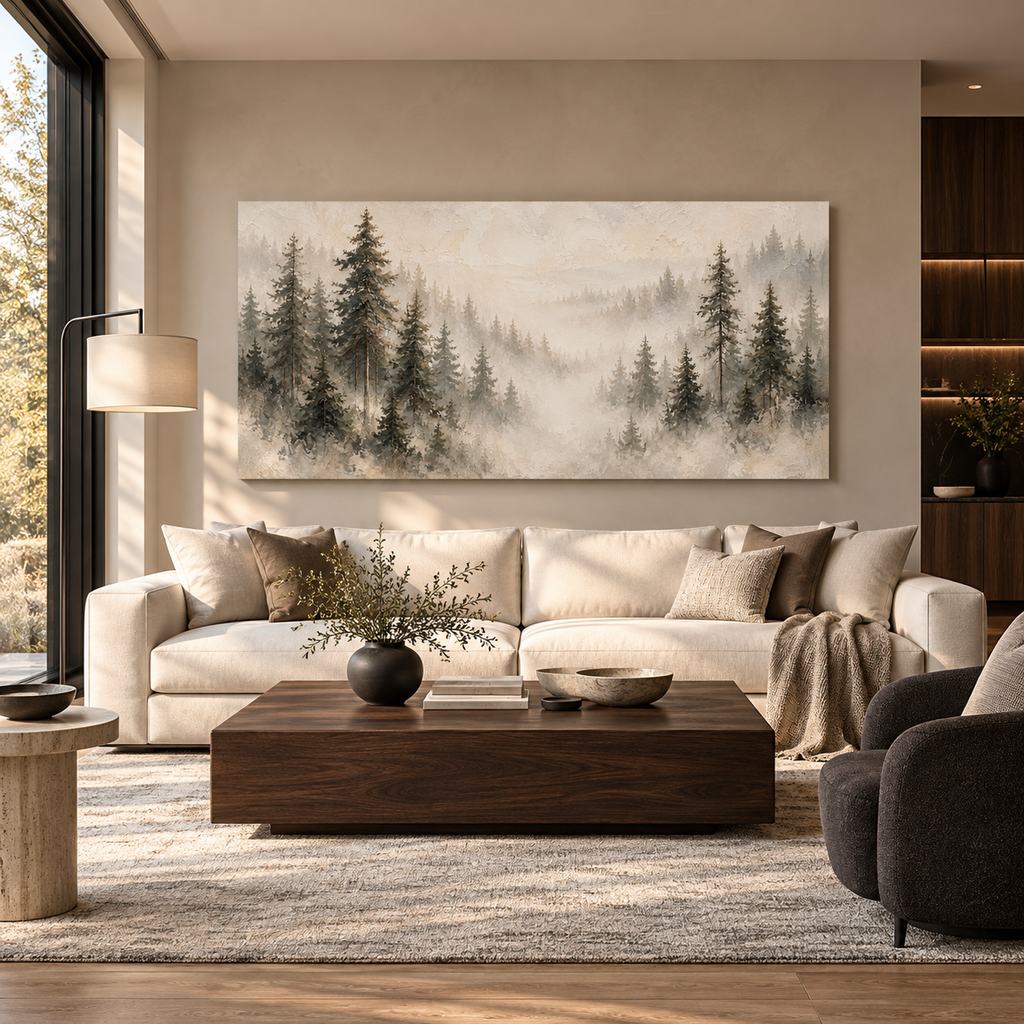 Misty Pine Forest Canvas Wall Art – Neutral Woodland Landscape