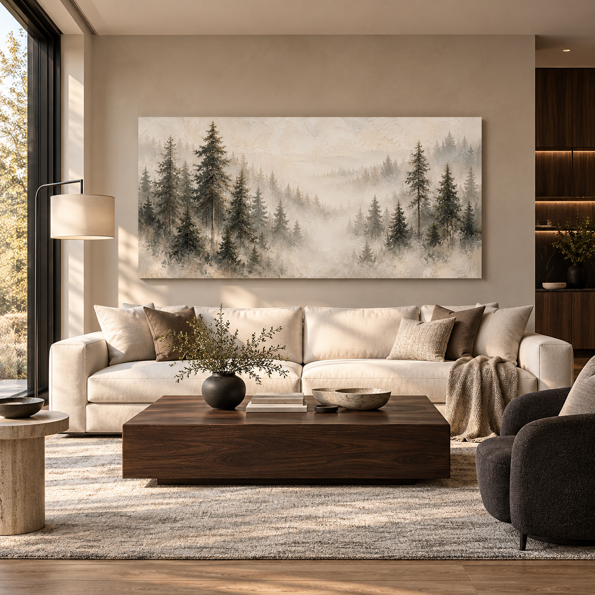 Misty Pine Forest Canvas Wall Art – Neutral Woodland Landscape