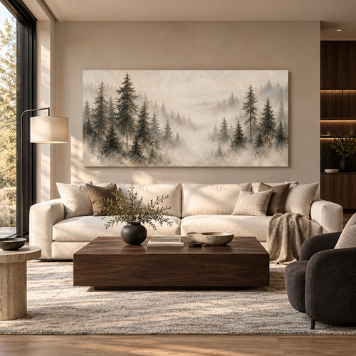 Misty Pine Forest Canvas Wall Art – Neutral Woodland Landscape