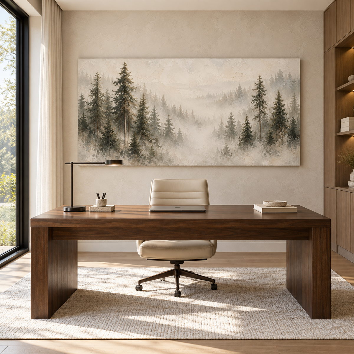 Misty Pine Forest Canvas Wall Art – Neutral Woodland Landscape
