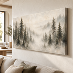 Misty Pine Forest Canvas Wall Art – Neutral Woodland Landscape