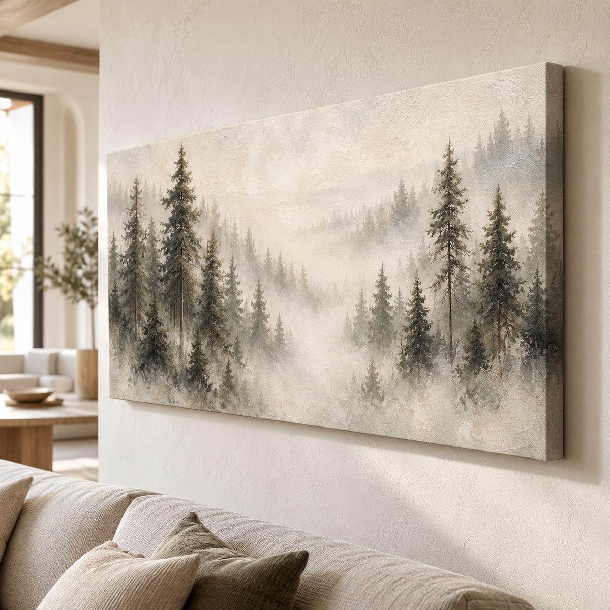 Misty Pine Forest Canvas Wall Art – Neutral Woodland Landscape