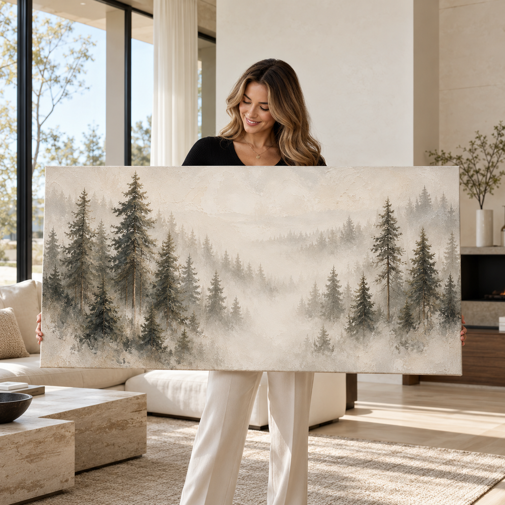 Misty Pine Forest Canvas Wall Art – Neutral Woodland Landscape