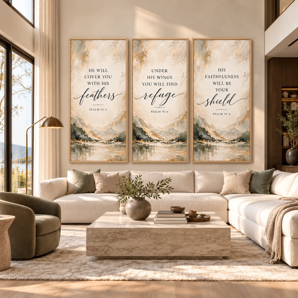 Psalm 91:4 Christian Canvas Wall Art Set of 3 – Feathers, Shield & Refuge