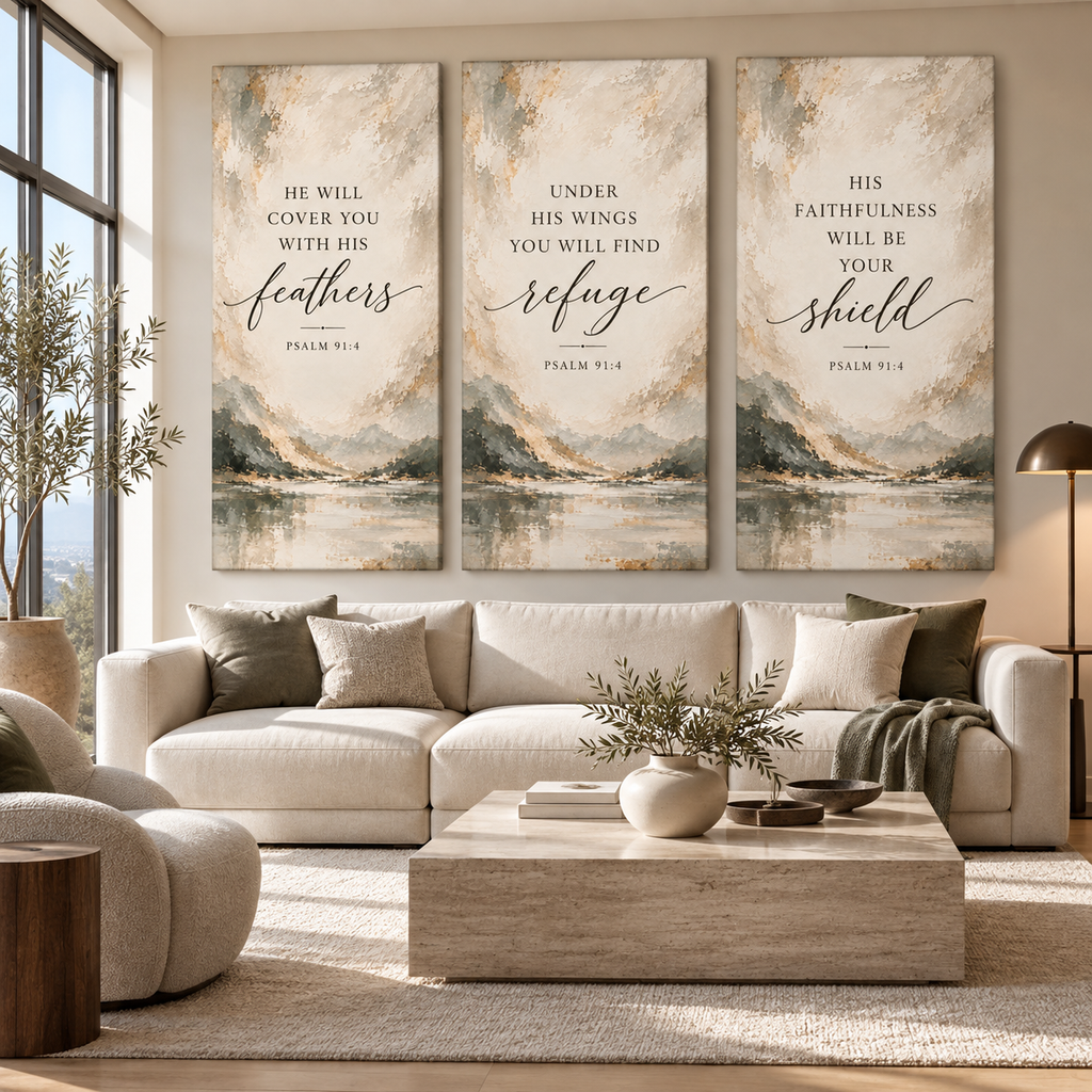 Psalm 91:4 Christian Canvas Wall Art Set of 3 – Feathers, Shield & Refuge