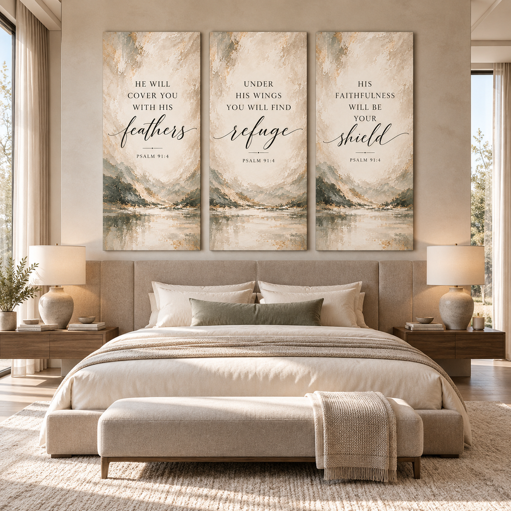 Psalm 91:4 Christian Canvas Wall Art Set of 3 – Feathers, Shield & Refuge