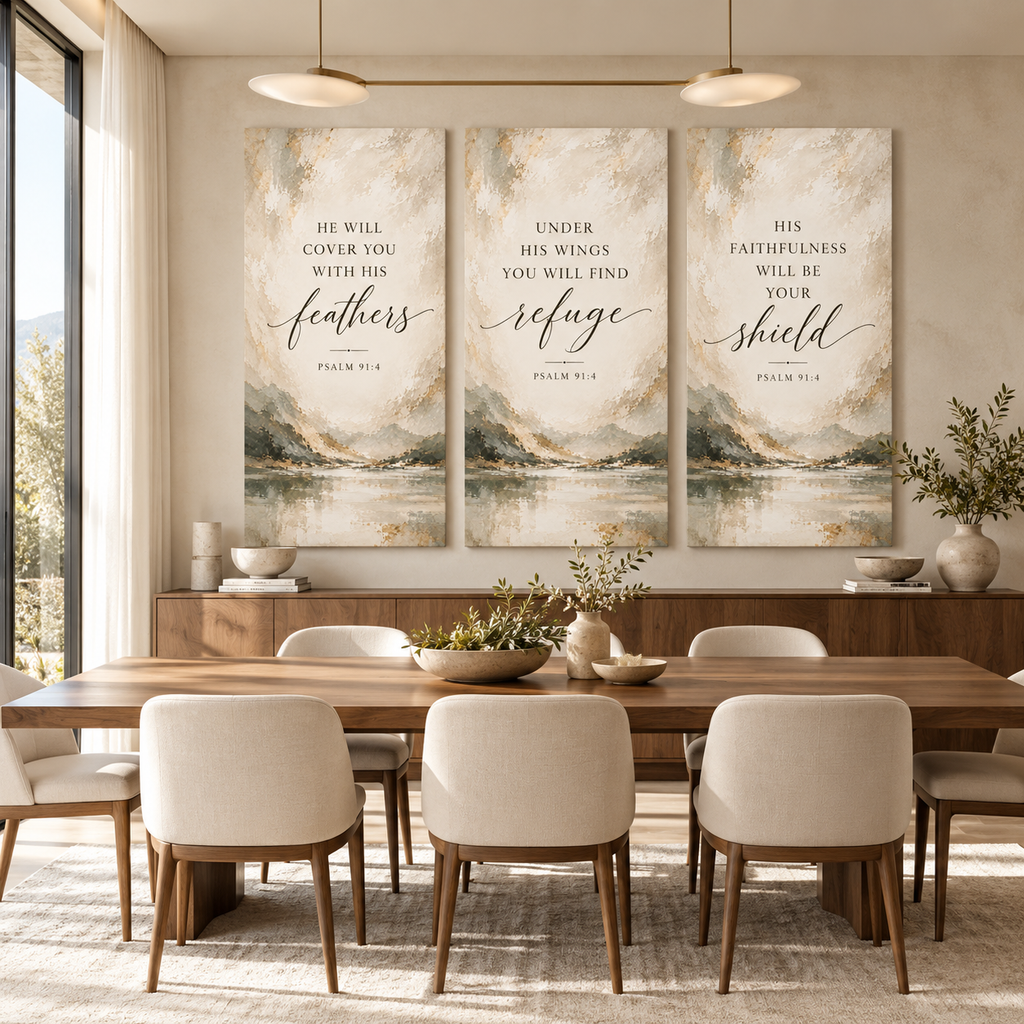 Psalm 91:4 Christian Canvas Wall Art Set of 3 – Feathers, Shield & Refuge