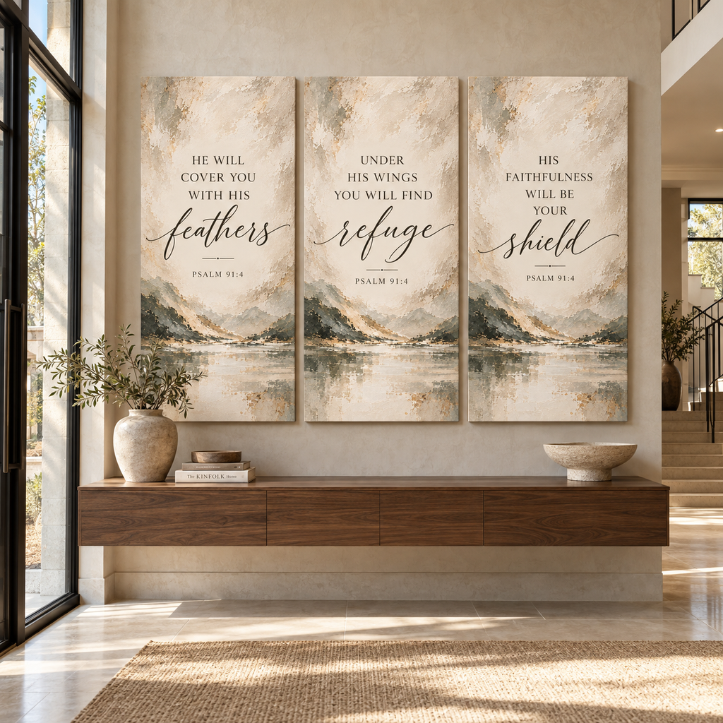 Psalm 91:4 Christian Canvas Wall Art Set of 3 – Feathers, Shield & Refuge