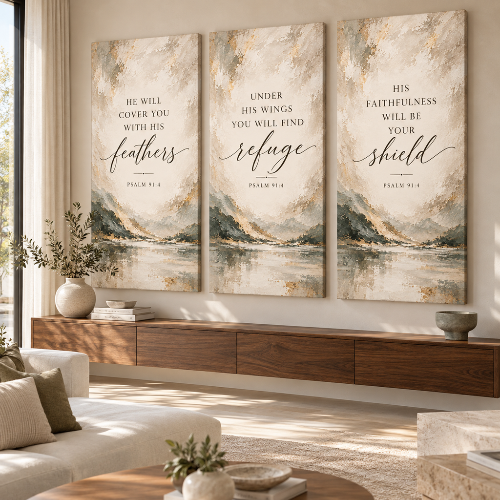 Psalm 91:4 Christian Canvas Wall Art Set of 3 – Feathers, Shield & Refuge