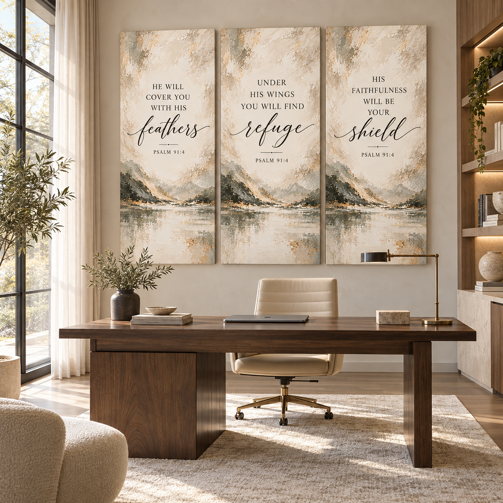 Psalm 91:4 Christian Canvas Wall Art Set of 3 – Feathers, Shield & Refuge