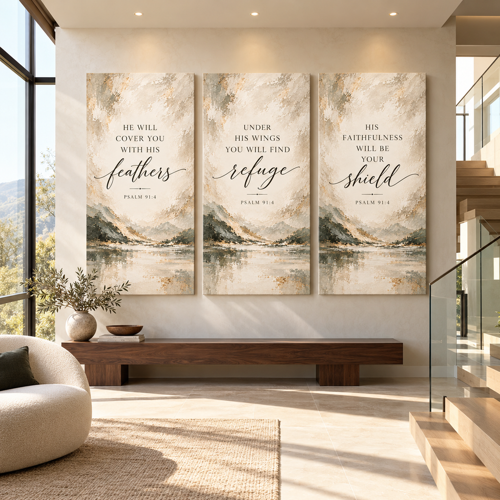 Psalm 91:4 Christian Canvas Wall Art Set of 3 – Feathers, Shield & Refuge
