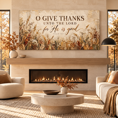 Psalm 107:1 Fall Wall Art Canvas – Christian Fall Home Decor