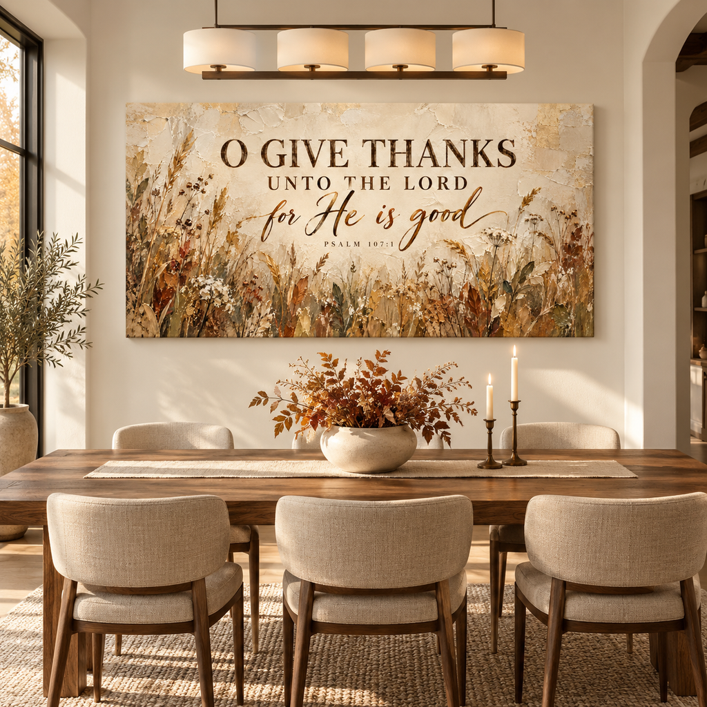 Psalm 107:1 Fall Wall Art Canvas – Christian Fall Home Decor