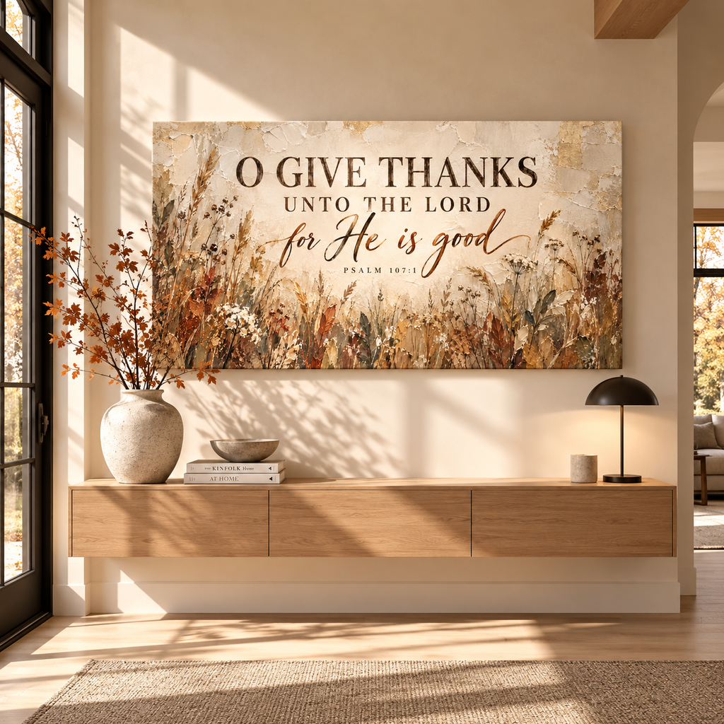 Psalm 107:1 Fall Wall Art Canvas – Christian Fall Home Decor