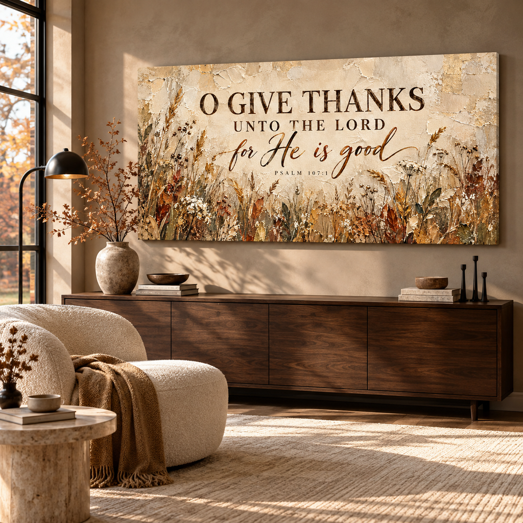 Psalm 107:1 Fall Wall Art Canvas – Christian Fall Home Decor