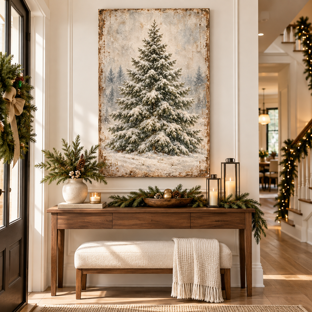Vintage Snowy Evergreen Canvas Wall Art | Winter Pine Tree Landscape