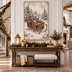 Vintage Christmas Sleigh Canvas Wall Art | Snowy Holiday Landscape