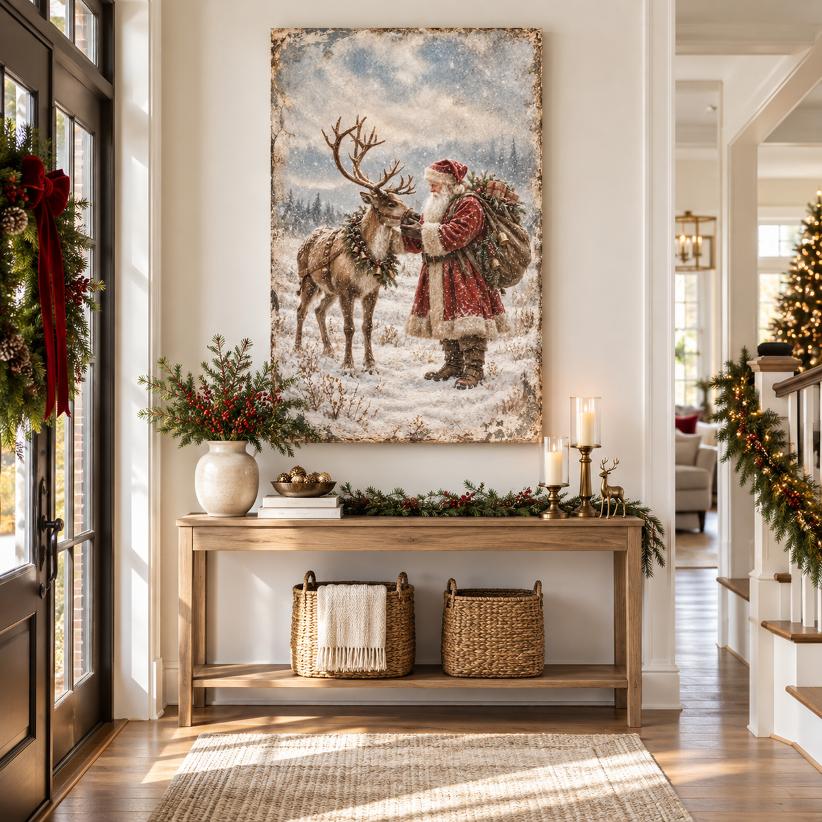 Vintage Santa & Reindeer in the Snow – Christmas Canvas Wall Art