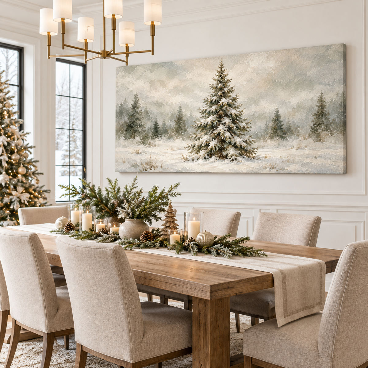 Snow-Laden Evergreen in a Misty Winter Field Wall Art