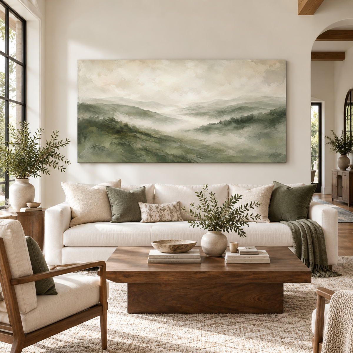 Misty Green Mountains Canvas Wall Art – Serene Sage Landscape