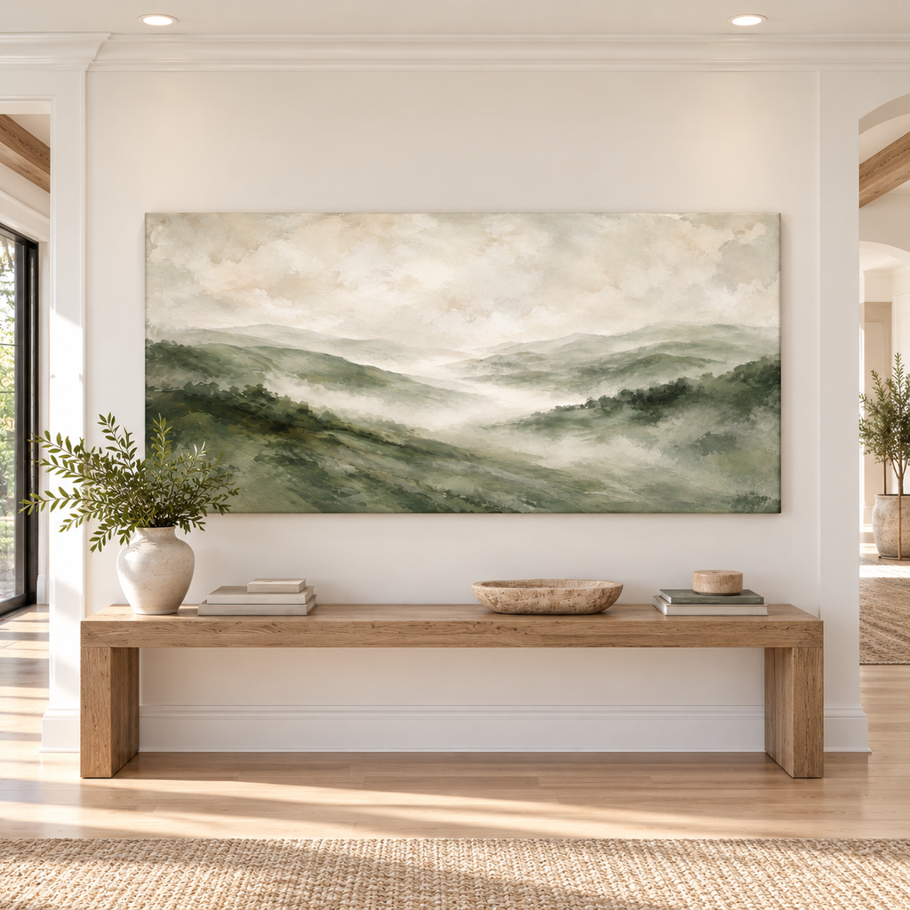 Misty Green Mountains Canvas Wall Art – Serene Sage Landscape