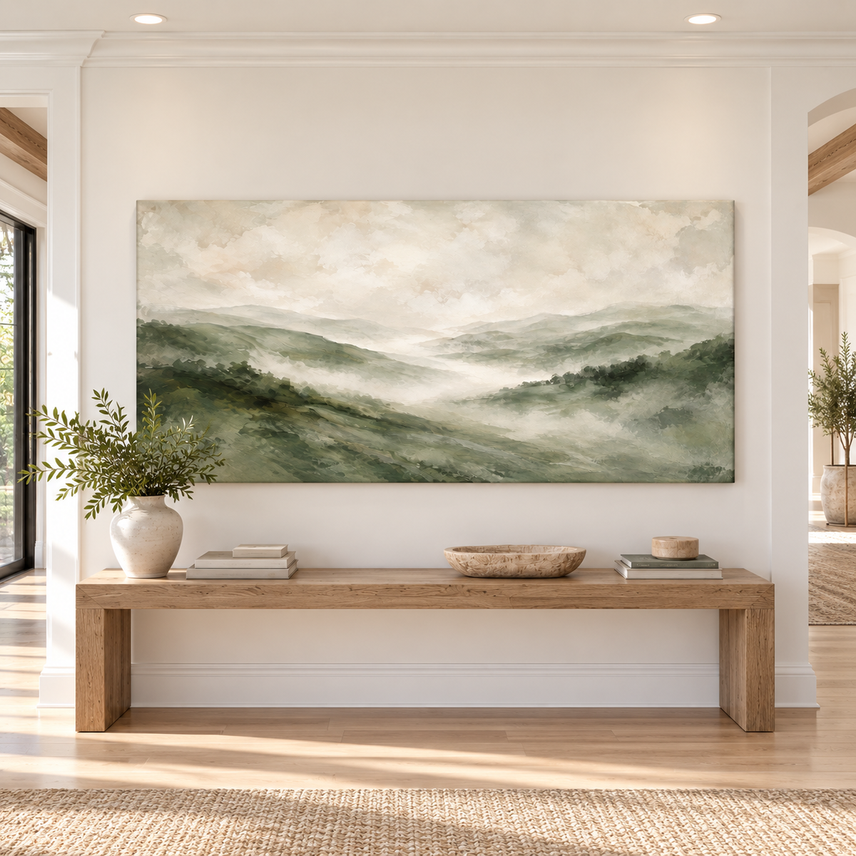 Misty Green Mountains Canvas Wall Art – Serene Sage Landscape