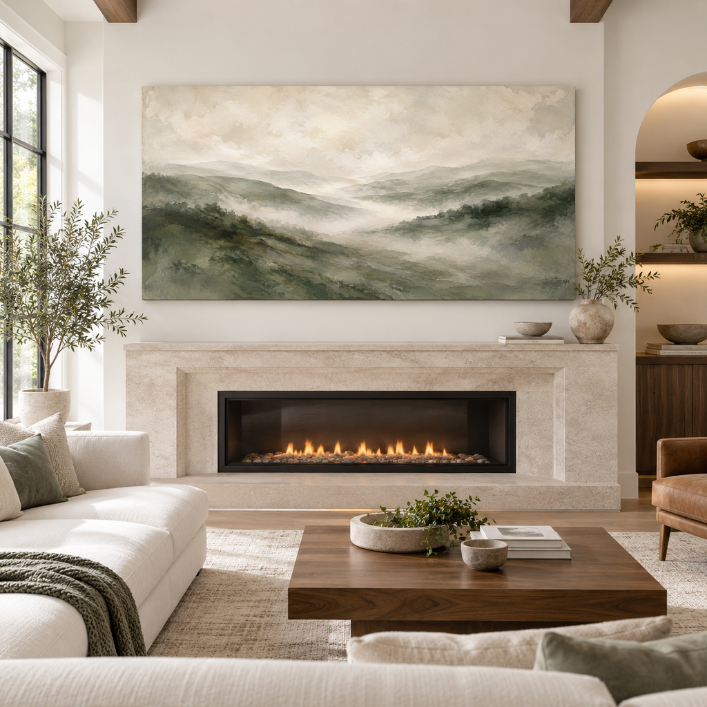 Misty Green Mountains Canvas Wall Art – Serene Sage Landscape