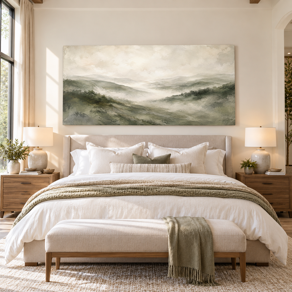 Misty Green Mountains Canvas Wall Art – Serene Sage Landscape