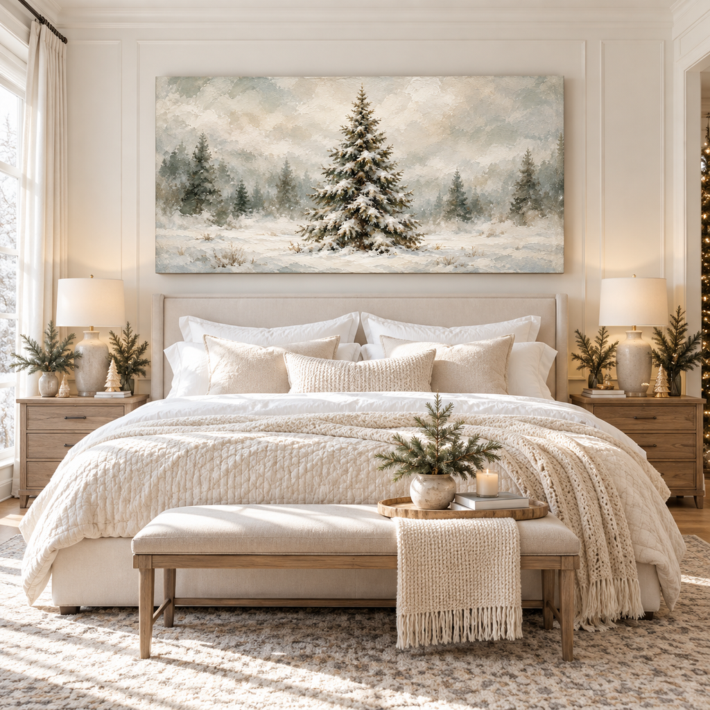 Snow-Laden Evergreen in a Misty Winter Field Wall Art