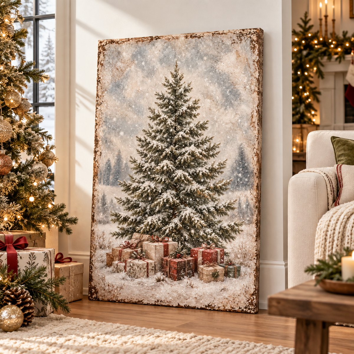 Vintage Snowy Christmas Tree & Gifts Canvas Wall Art