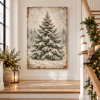 Vintage Snowy Evergreen Canvas Wall Art | Winter Pine Tree Landscape