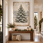 Vintage Snowy Evergreen Canvas Wall Art | Winter Pine Tree Landscape