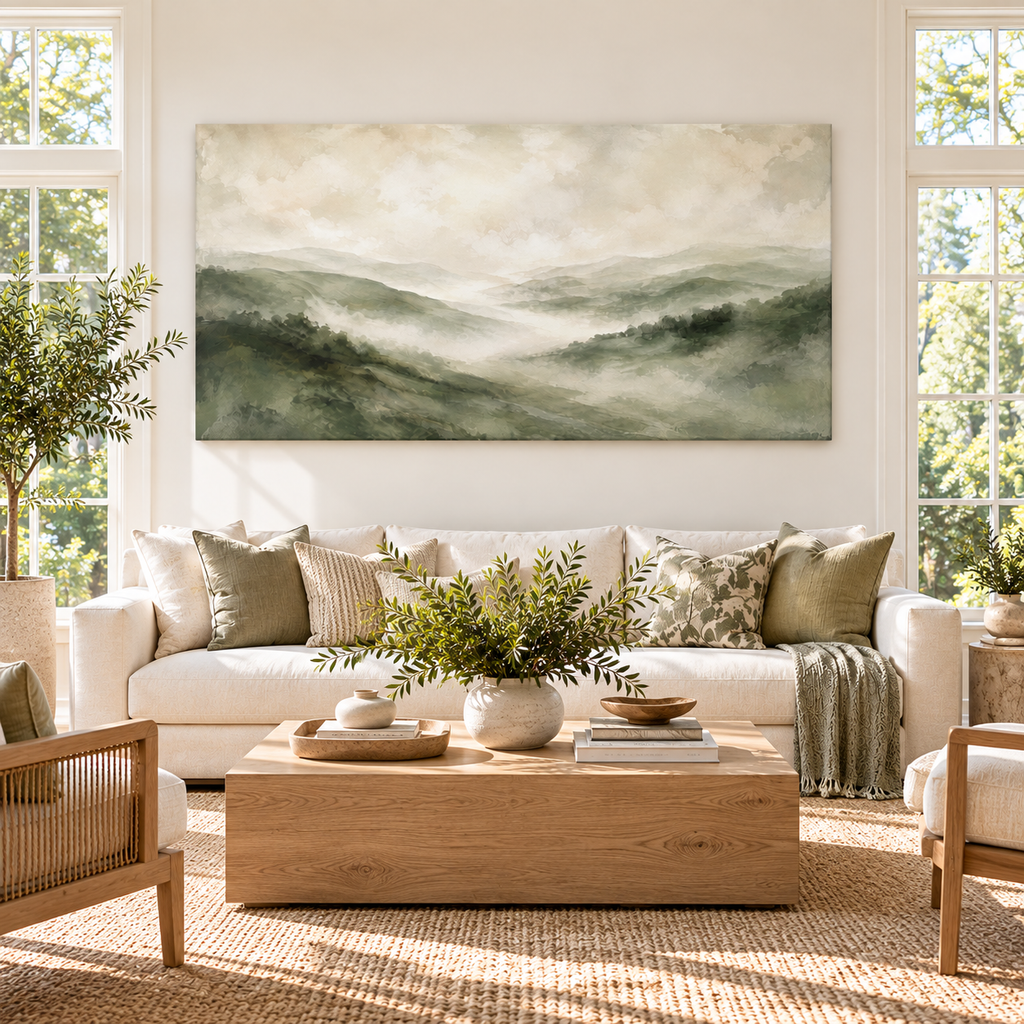Misty Green Mountains Canvas Wall Art – Serene Sage Landscape