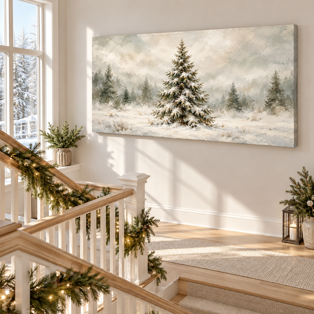 Snow-Laden Evergreen in a Misty Winter Field Wall Art