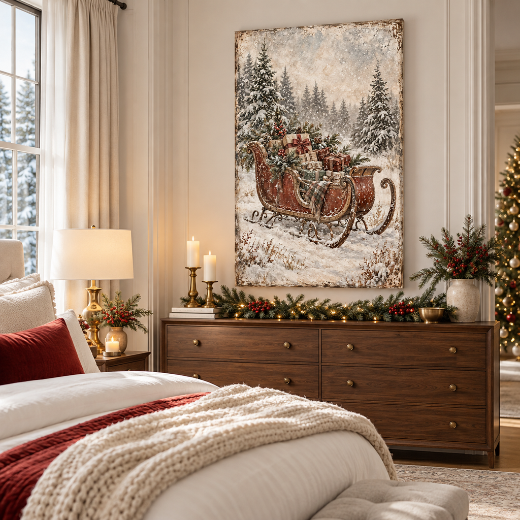 Vintage Christmas Sleigh Canvas Wall Art | Snowy Holiday Landscape