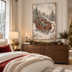 Vintage Christmas Sleigh Canvas Wall Art | Snowy Holiday Landscape