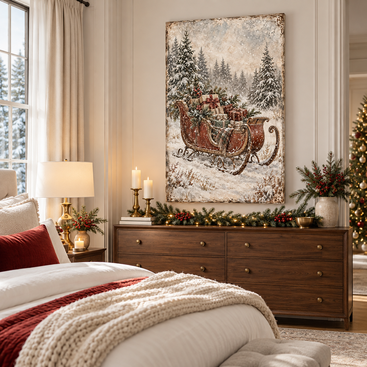 Vintage Christmas Sleigh Canvas Wall Art | Snowy Holiday Landscape
